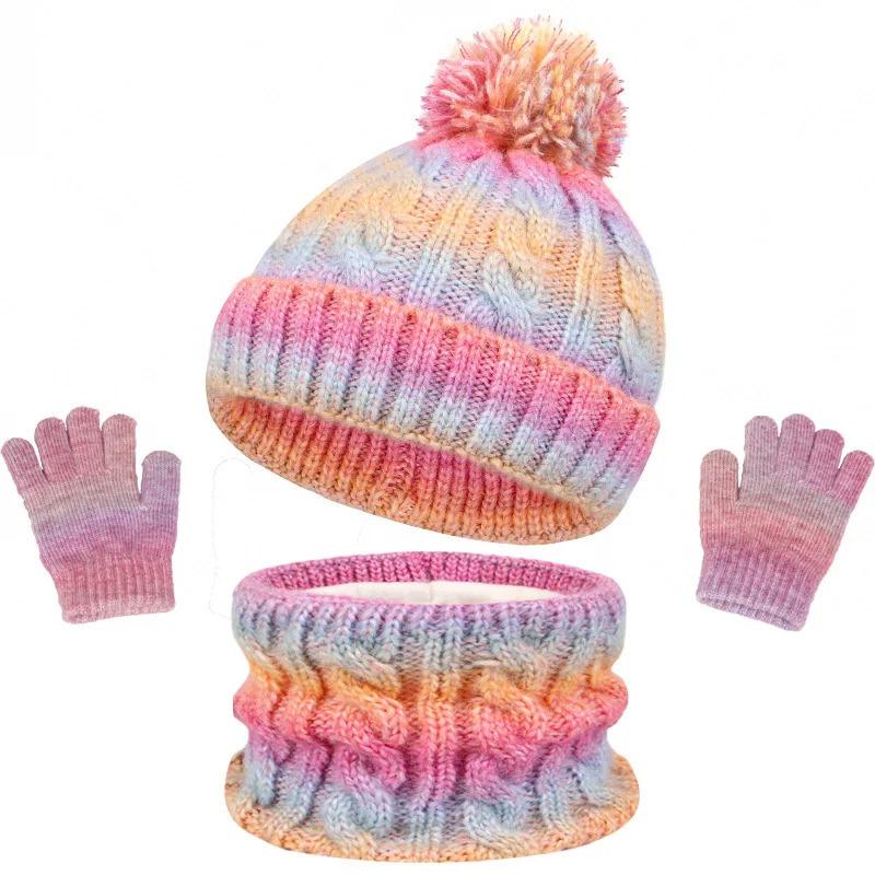 Kids Winter 3 Piece Acrylic Knit Hat Neck Warmer And Gloves Set Fleece Lined Pom Pom Beanie For Children Daily Outdoor Cold Weather Wear