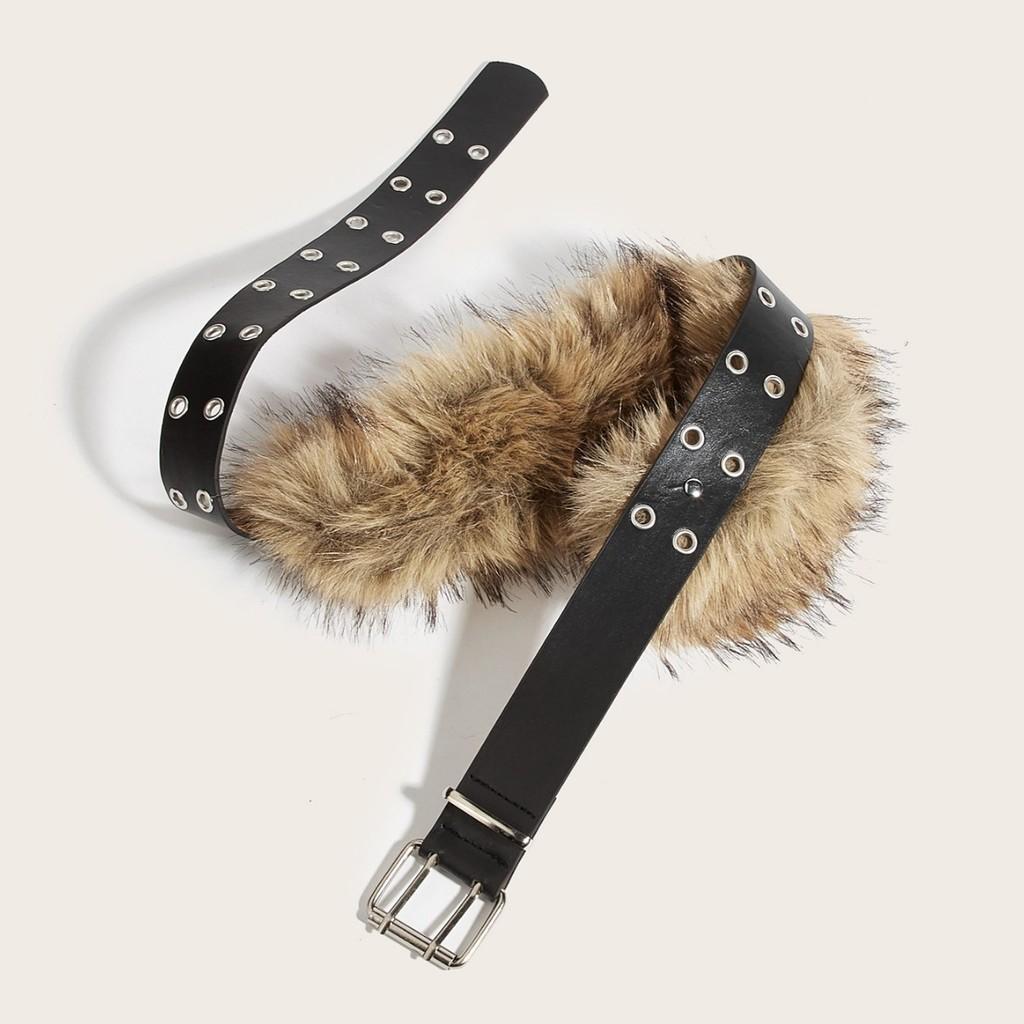 Solid Fashion Color Faux Fur Decoration Women Belt With Double Buckle Breasted