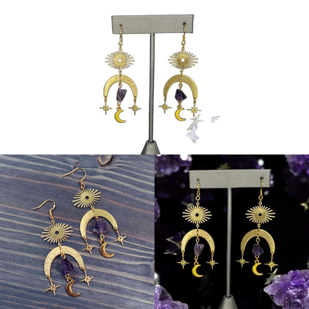 Sun Pendant Earrings With Natural Amethyst Gems For Children Jewelry Fashion