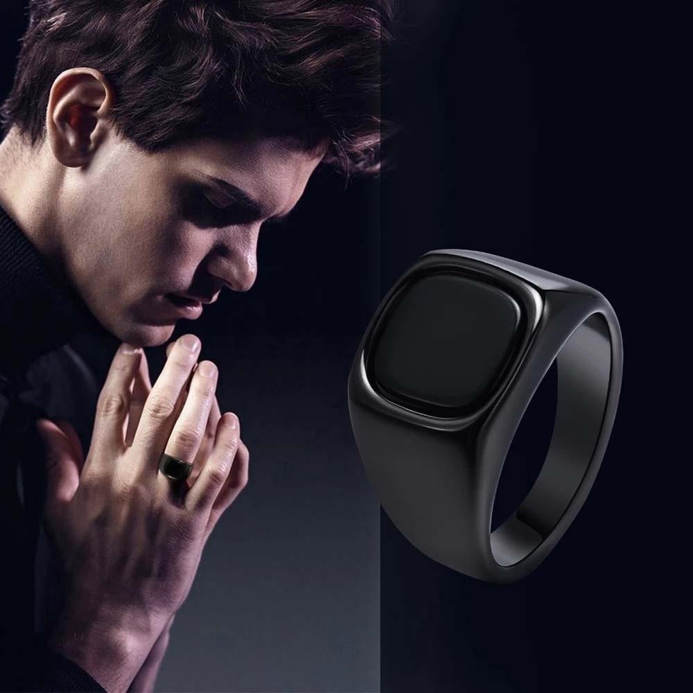 Square Retro Black Rings Jewelry Glass Stone Rings Simple Black Stone Square Ring Funerals