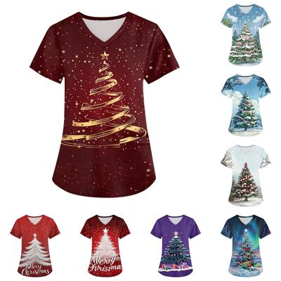 Bedruckte Oberteile für die Arbeitsuniform in Übergröße für Damen, mit überkreuztem V-Ausschnitt, Weihnachtsdruck, kurzärmelig, lustiges Arbeits-T-Shirt mit Taschen