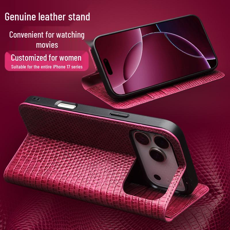 Qia Li Genuine Leather Flip Case for iPhone 17 Pro Max - Anti-Fall, Card Slot, Protective Cover