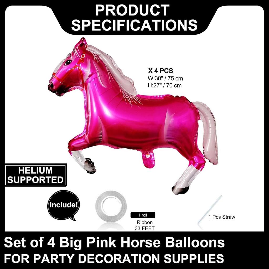 4 Pack Pink Horse Balloons Westeren Cowgirl Horse Balloons for Western Cowgirl Horse Theme Birthday Party Decorations