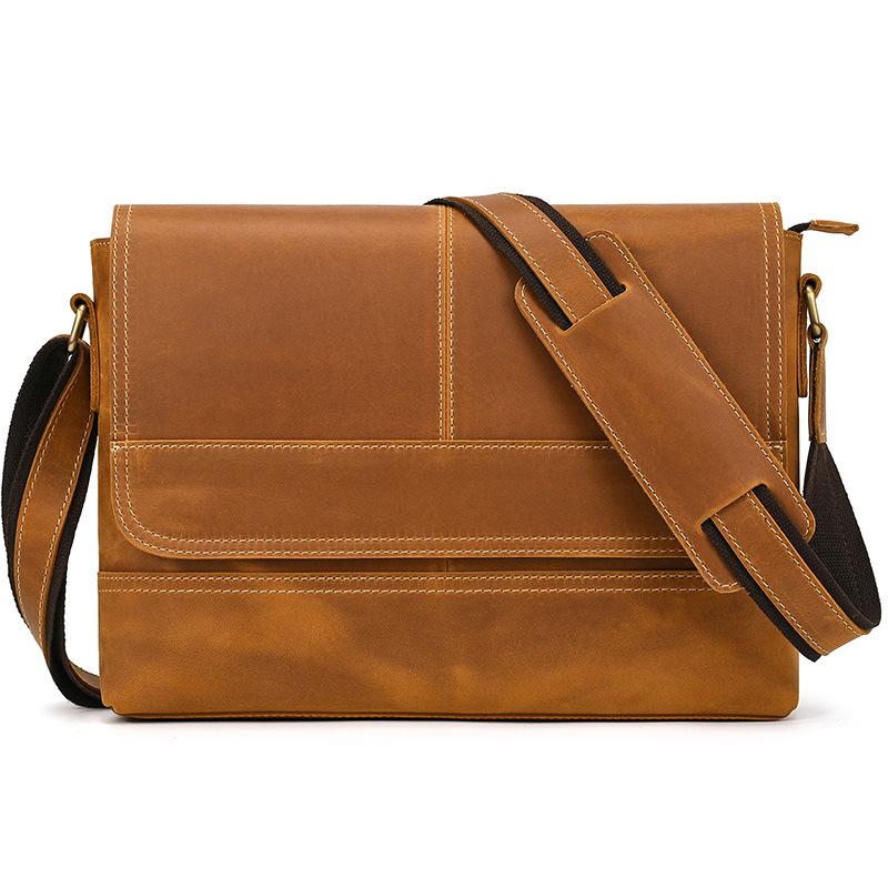 Men'S Genuine Leather Shoulder Bag Crazy Horse Leather Messenger Bag First Layer Cowhide Flip Shoulder Bag Casual Bag