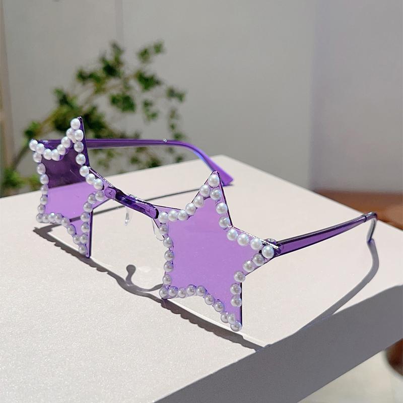 KAMMPT Cute Star Shaped Sunglasses with Pearls Women New Fashion Decor Shades Trendy Original Handmade Outdoor Rave Sun Glasses