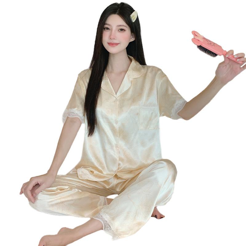 Light Luxury Solid Color High-End Lace Light Luxury Ice Silk Pajamas Women'S Summer Short-Sleeved Trousers Loungewear Set