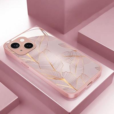 Rosa Blattmuster Metalllack Gehärtetes Glas Handyhülle Für iPhone 17 16 15 14 13 12 11 Pro Max 16 15 Plus 16E 17Air Cover