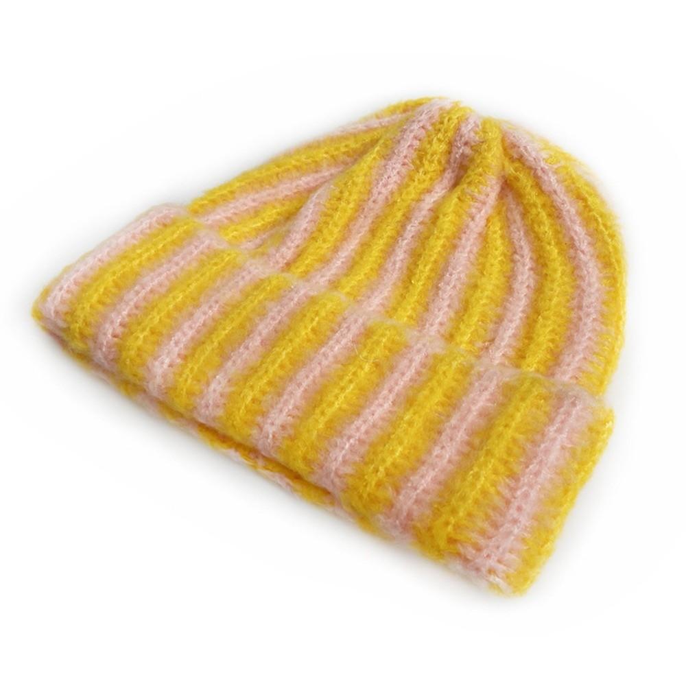 Color Blocked Ribbed Knit Cap Thick Warm Hat Brimless Striped Beanie Hat  Outdoor