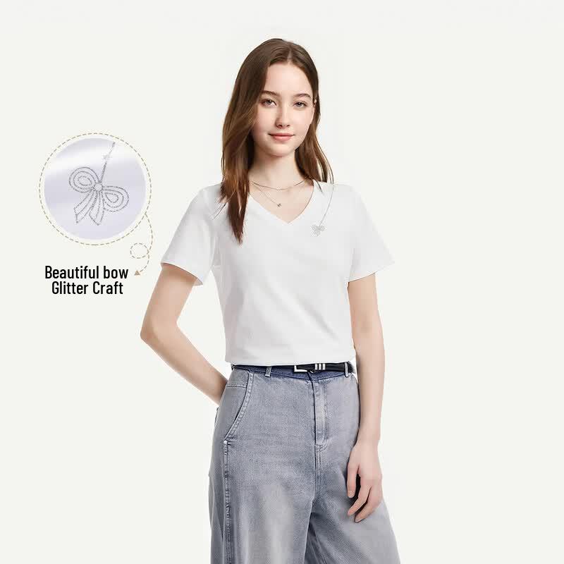 FivePlus Women's V-Neck Cotton Short-Sleeve T-Shirt with Butterfly Print