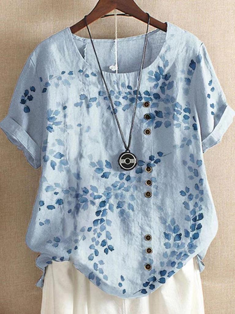 Plus Size Summer Female Cotton Linen Shirts Short Sleeve Vintage Floral Printed Long Loose Women's Blouses Casual Lady Tops