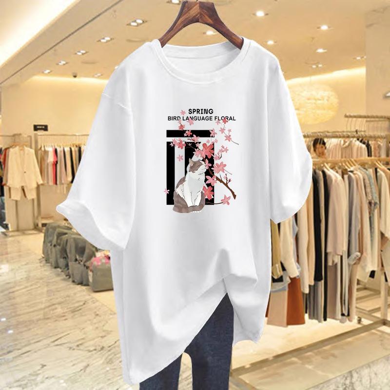 

Cotton T-shirt women s summer new printed white top loose design short sleeves S