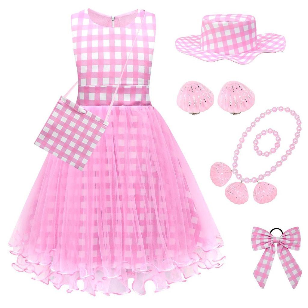 Princess Pink Sleeveless Dress Set With Bag Hat Bracelet Necklace Earrings And Hair Accessories