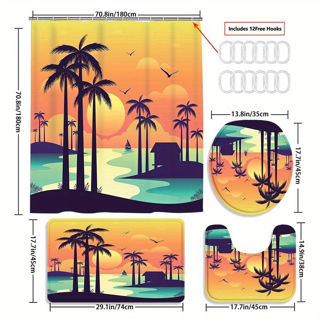 Coconut Tree 4pcs Shower Curtain Bathtub Curtain, Waterproof Bathroom Partition Curtain With 12 Hooks, Non-slip Bath Blanket
