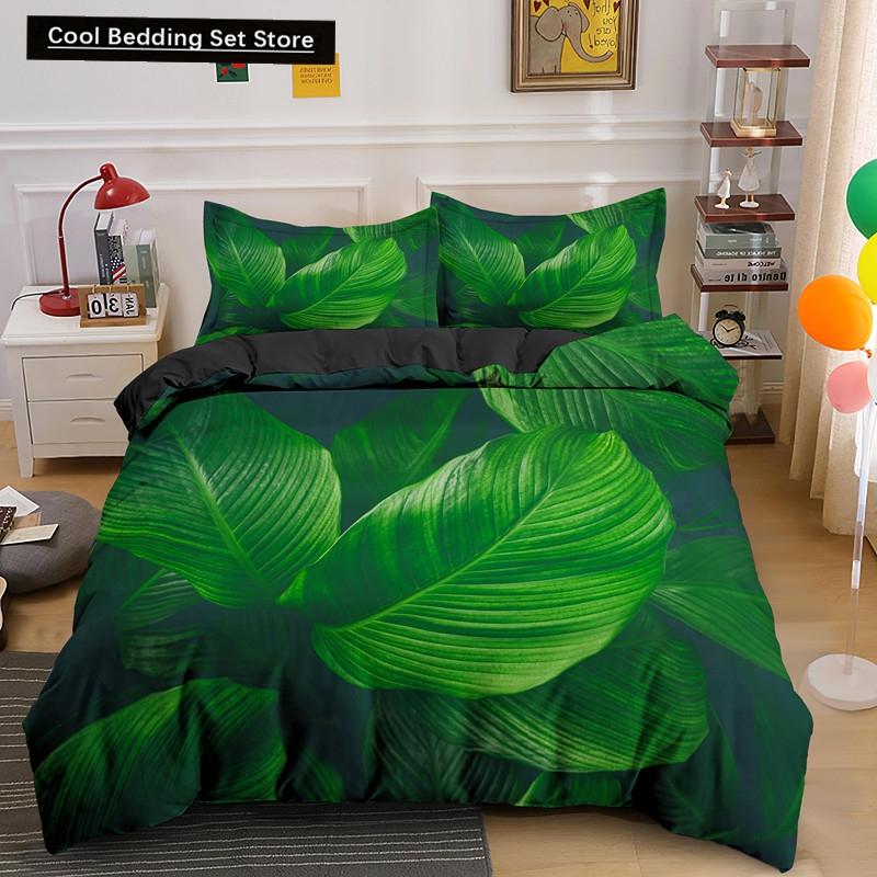 Příroda Tropické Zelené Listy Král Královna Ložní Souprava Deštný Prales Džungle Rostlina Povlak na Přikrývku 3D Botanický Polyesterový Povlak na Peřinu