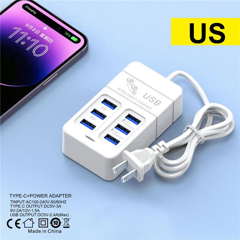 6portová víceportová USB nabíječka 35W PD Type-C mobilní telefon rychlé nabíjení rychlé nabíječky typu C nástěnná nabíječka adaptér typu C s konektorem EU/US