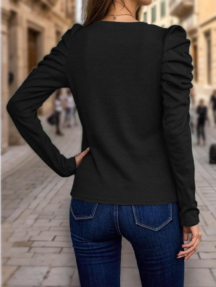 2024 Women's High-Elastic Cashmere Round Neck Slim Fit Puff Sleeve Long Sleeve Top for Autumn and Winter