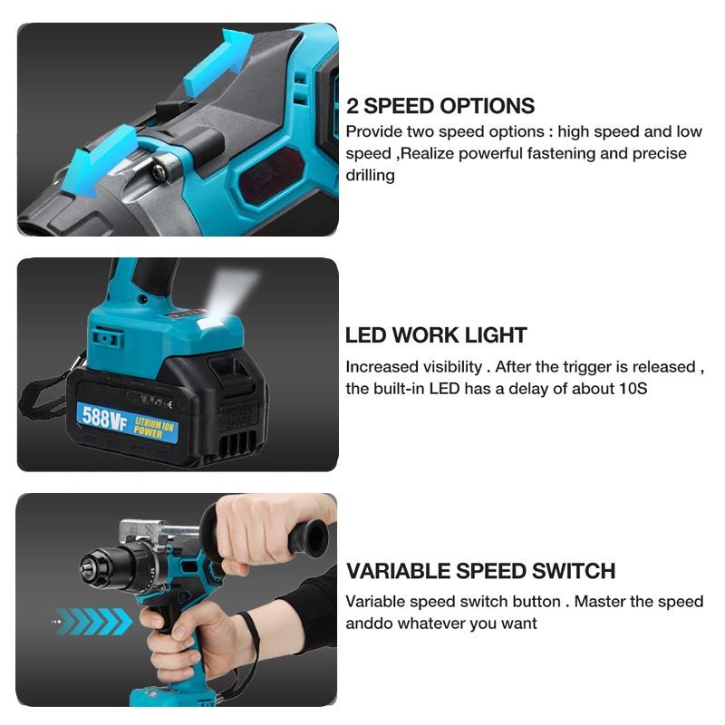 Blue Brushless Electric Impact Drill 25+3 Torque 65N.m 13mm Screwdriver Auxiliary Handle with Li-ion Battery for 18V Battery