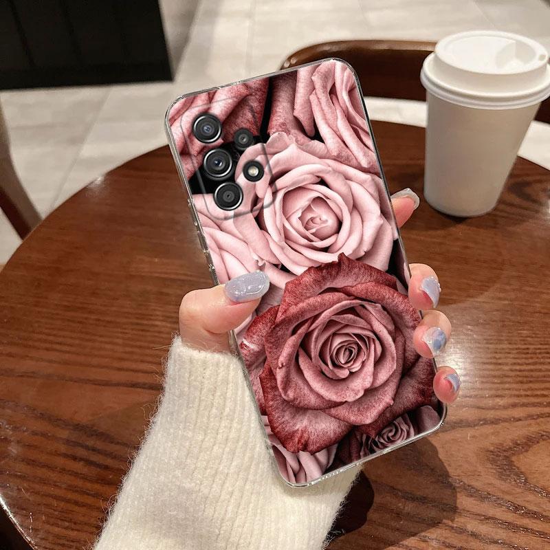 Gold Pink Rose Leaf Glitter Hearts For Samsung Galaxy A55 Case A54 A52 A53 A15 A14 A13 A21S A23 A34 A35 A33 A32 A72 Clear Cover