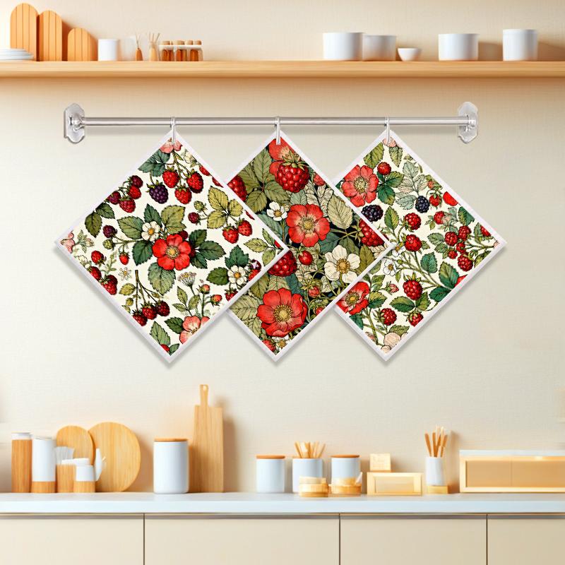 6PCS Cleaning Dishcloths Reusable Kitchen Dish Towels Vintage Floral Berry Print Dishcloth Absorbent Lint Free Cloth Washable Duster Rags Tea Towels