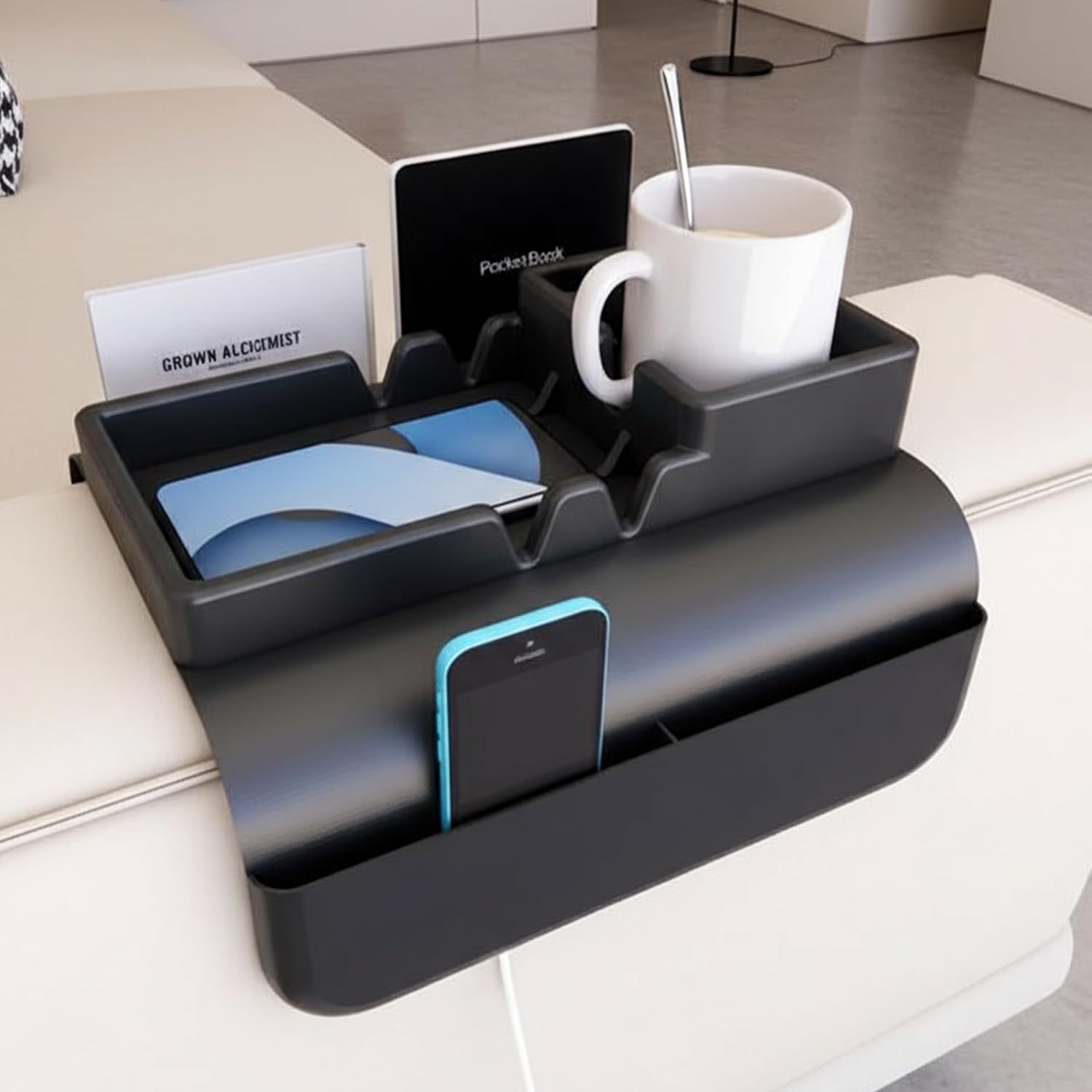 Couch Arm Cup Holder - Silicone Sofa Armrest Tray with 5 Side Pockets, Anti-Slip Armrest Recliner Armchair Caddy, Sofa Table Organizer for Drinks