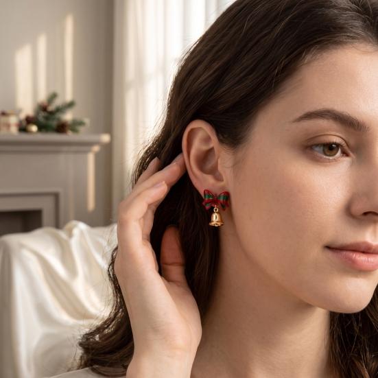 Charming Holiday Dangle Jewelry 1 Pair Christmas Earrings for Women, Santa Claus Jingle Bell Bow Trendy Celebration Accessories Stud Earrings,