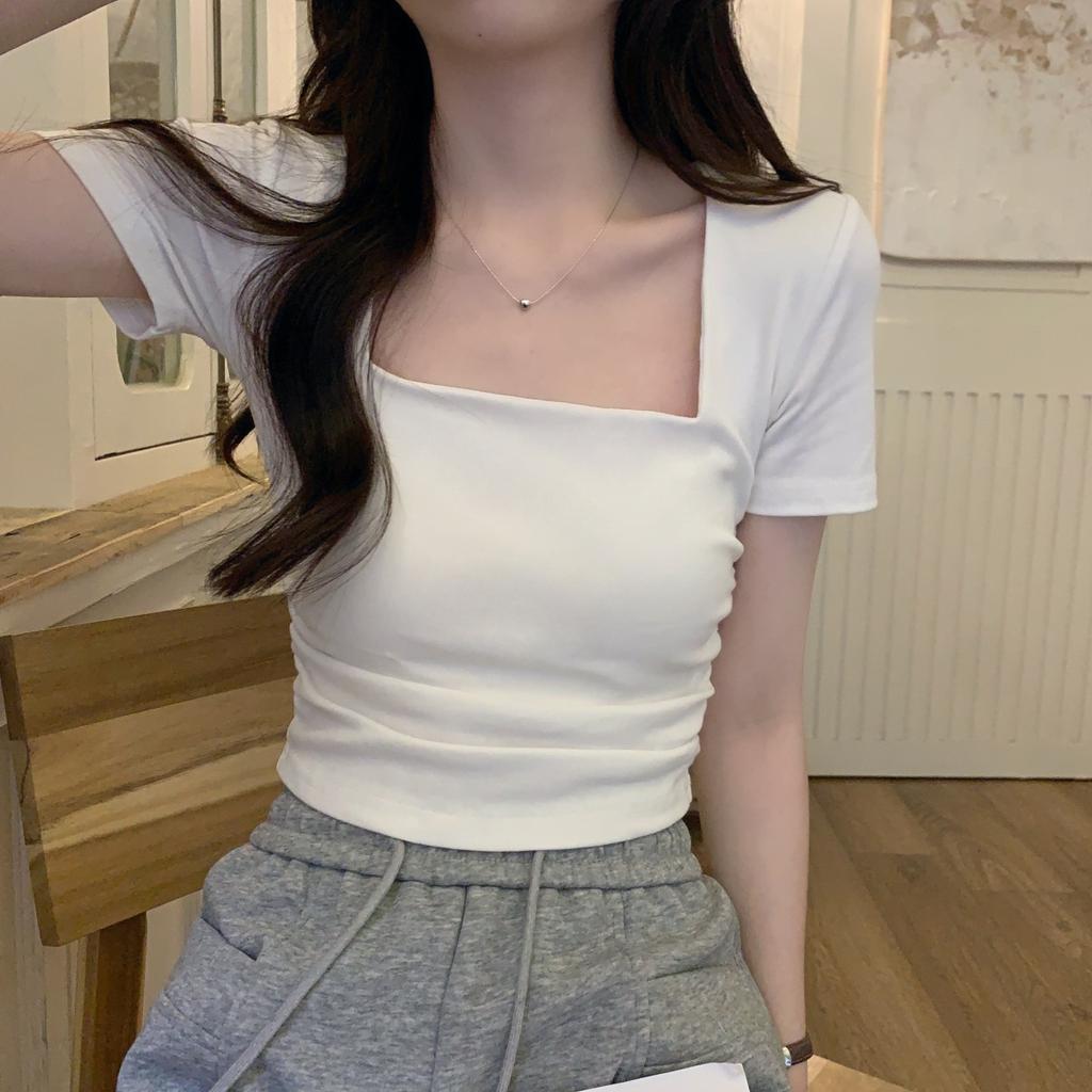 Korean Temperament Square Collar Pleated Design Short-sleeved T-shirt Women's Summer New Slim-fit Niche Short Top