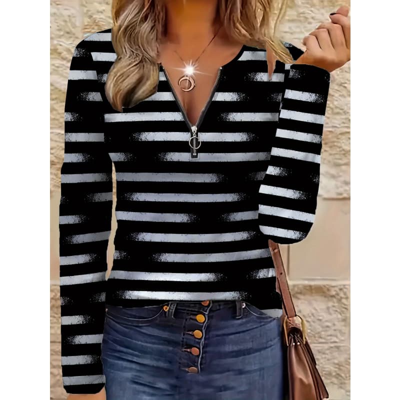 Women's Creative Printed Zipper Long-sleeved T-shirt, Breathable, Soft and Comfortable, Suitable for All-year-round Casual Wear