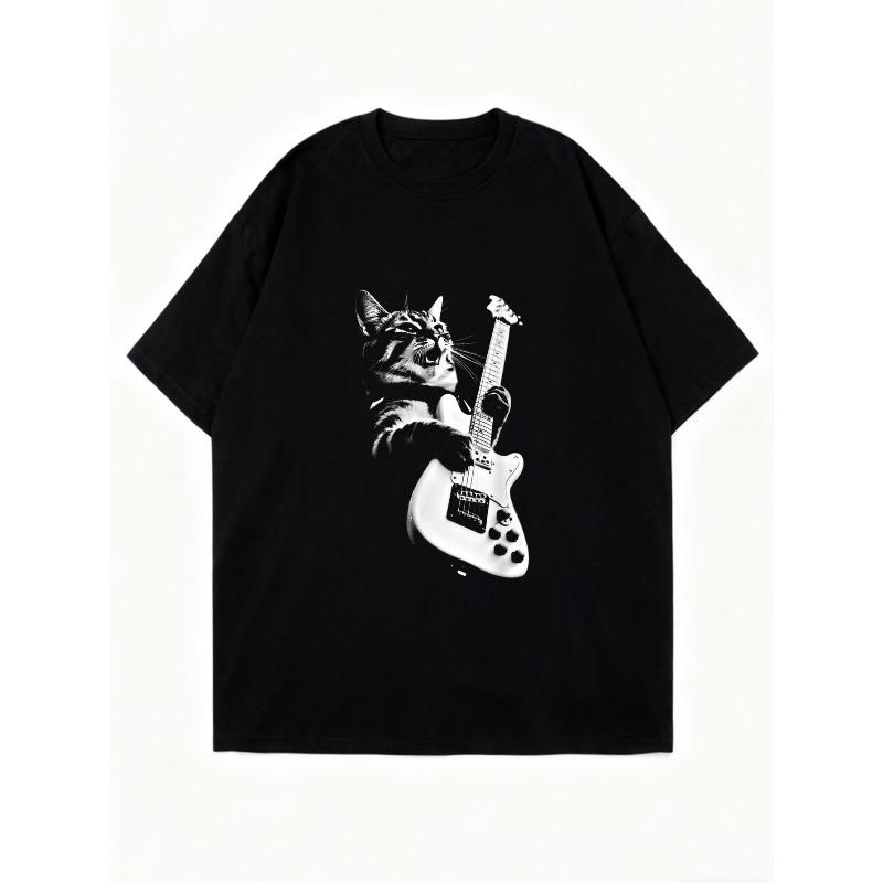 Oversized T Shirt Black Cat Playing Electric Guitar Print Casual Streetwear Fashion Top for Women Summer Outfit