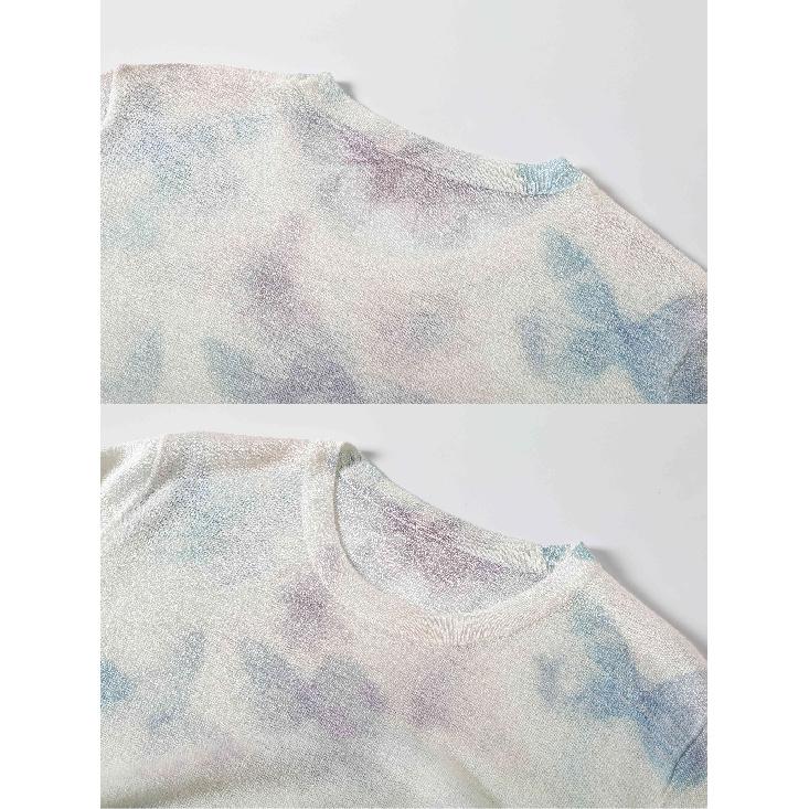 Women Short Sleeve Knit Sweater Crew Neck Breathable Pullover Tops Stylish Geometric Print Color Block Sun Protection Knitwears