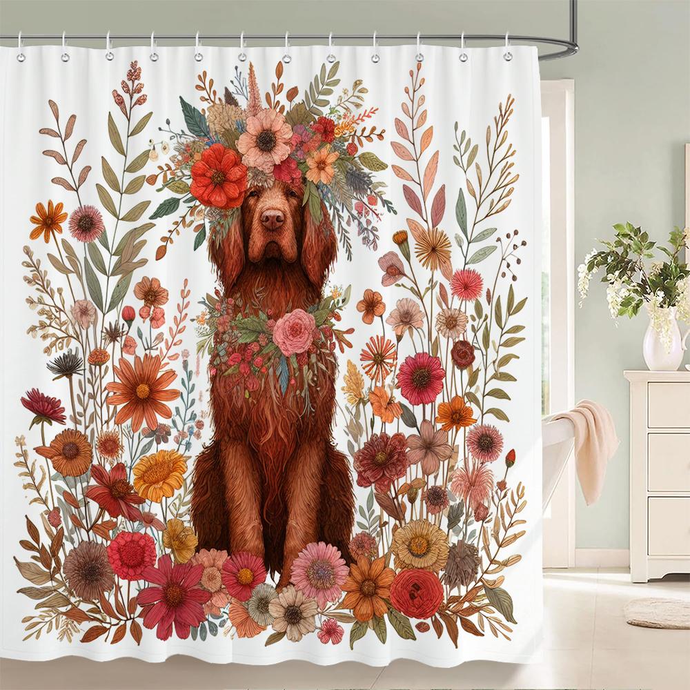 Flowers Dog Shower Curtain with Hooks Home Decor for Watercolor Plants and Floral Bathroom Curtain Polyester Fabric Bath Curtain