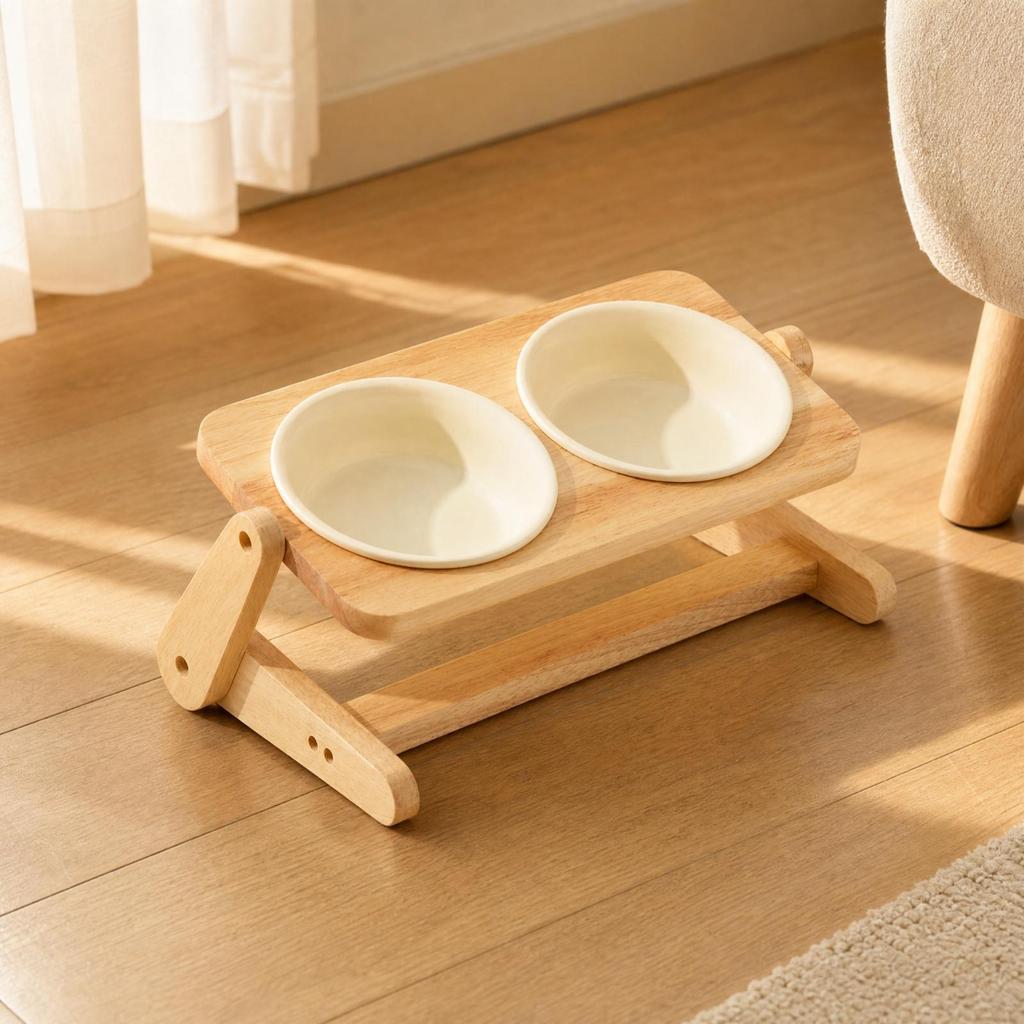2 Pieces Pet Bowls Easy to Clean Ceramic Bowl with Wooden Stand Stable