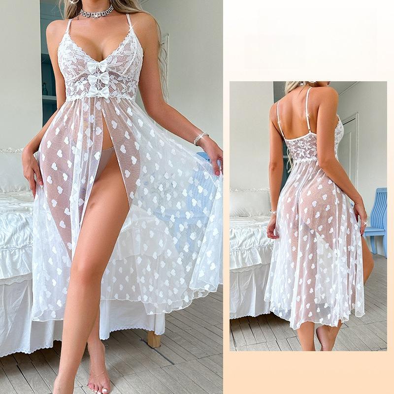 Sexy Spitzen-Schleifen-Camisole-Pyjama Durchsichtiges Netz Leichtes Nachthemd für Damen 772 Verspielte Feminine Nachtwäsche mit Zarten Spitzendetails