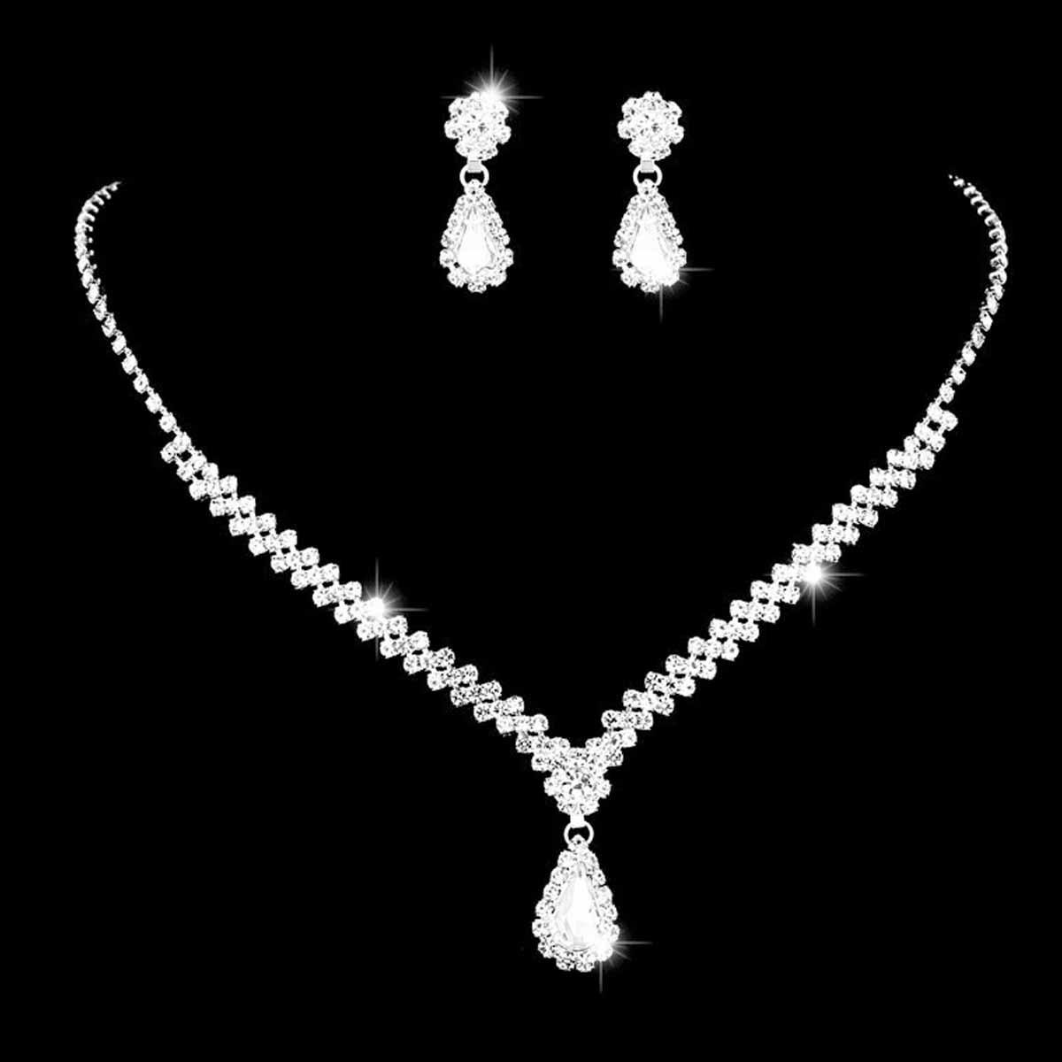 Elegant All-Match Rhinestone Teardrop Necklace & Earrings Set for Women - Bridal Jewelry серебряный