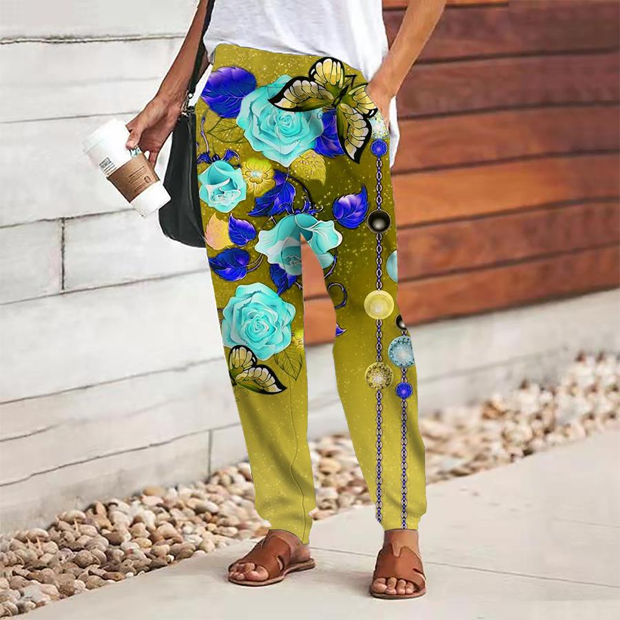 Women Flower Printing Pants Lace Up Elastic Waist Loose  Trousers Casual Long Pants Trousers with Pockets
