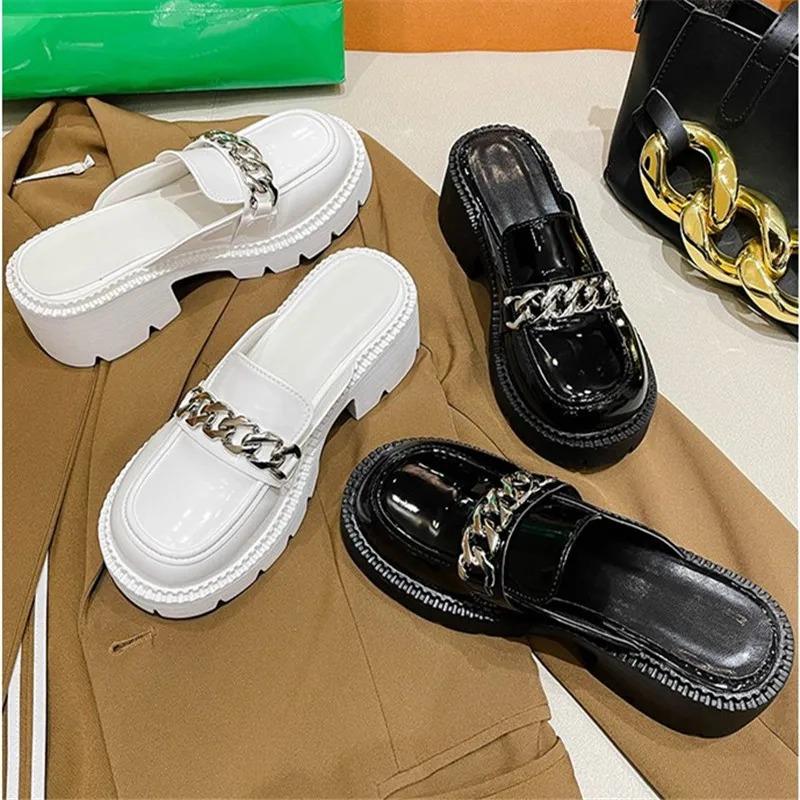 Fashion Women's Elevated Platform House Slippers Female Slides Shoes Square heel Mules Fashion Loafers Med Cover Toe Heels Luxury Fabric