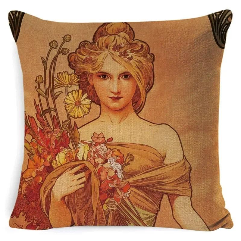 Home Decor Art Nouveau Women-Patterned Cushion Covers Pattern Cushion Cover Suitable For Sofa Bedroom Car Pillow Cover