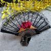 Lolita Cosplay Hand Held Fan Gothic Angel Wing Feather Rose Bead Chain Lace Flower Black Folding Fan Dance Photo Props Halloween