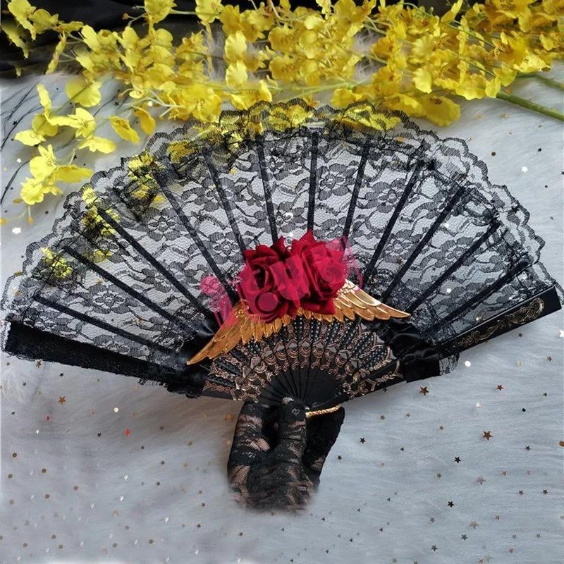 Lolita Cosplay Hand Held Fan Gothic Angel Wing Feather Rose Bead Chain Lace Flower Black Folding Fan Dance Photo Props Halloween