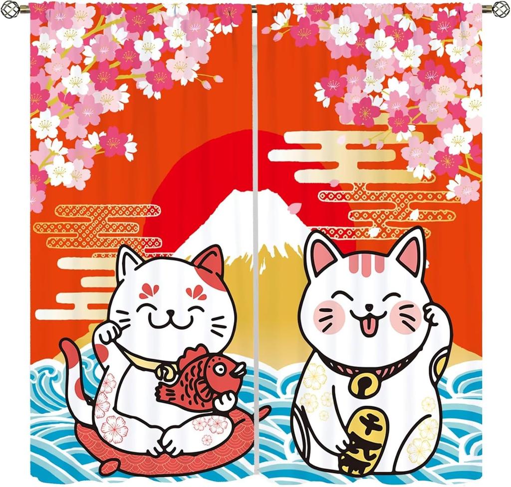 Moderne Japanische Vorhänge Glückskatze Berg Fuji Kirschblüten Traditionelles Muster Dekor Vorhänge für Schlafzimmer Wohnzimmer