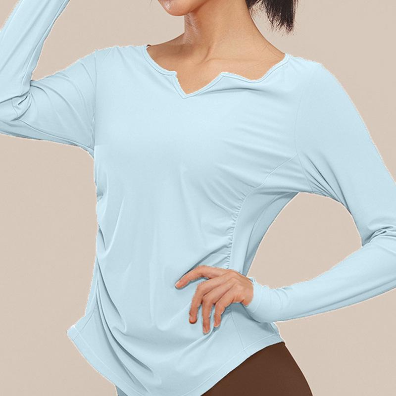 Autumn V-neck long-sleeved women's yoga casual T-shirt quick-drying top outdoor sports fitness dance clothes slim and thin