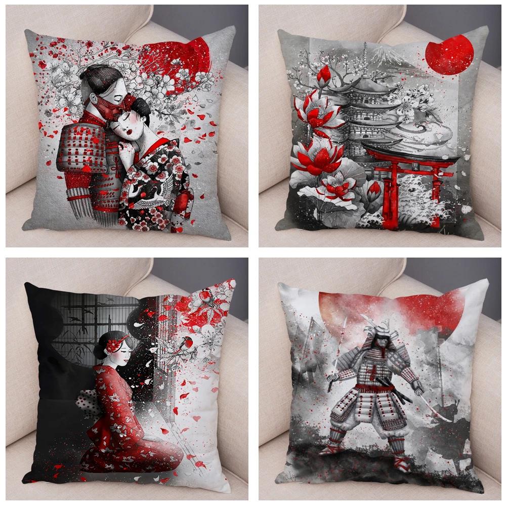Japan Style Ink Warrior Cushion Cover for Sofa Home Double Print Decor Beautiful Scenery Girl Pillowcase Soft Plush Pillow Case