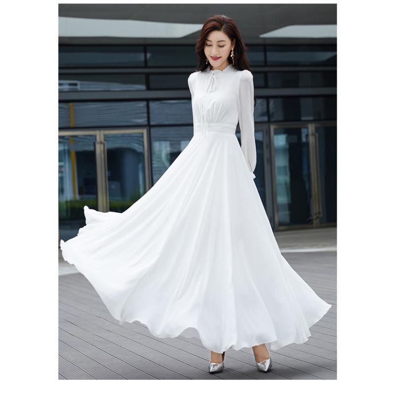 White Flowing Chiffon Beach Dress with Large Hem Skirt - Summer Long Style for Women