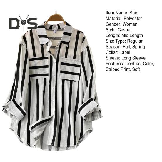 Women Fall Shirt Contrast Color Striped Print Long Sleeve Loose Lapel Single breasted Patch Pocket Buttons Soft Commute Top
