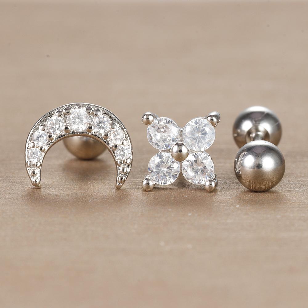 

3 шт./компл. модные серьги из нержавеющей стали с кристаллами в форме цветка и луны для женщин, серьги-гвоздики для хряща уха, ювелирные изделия для пирсинга