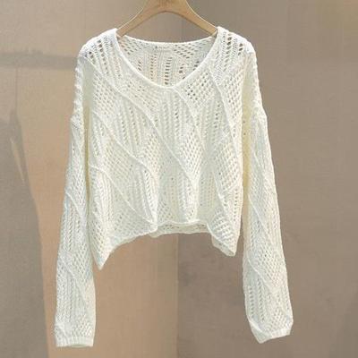 Korean Style Design Loose Fitting Pullover Slim and Hollow Out Versatile Knit Shirt Cover