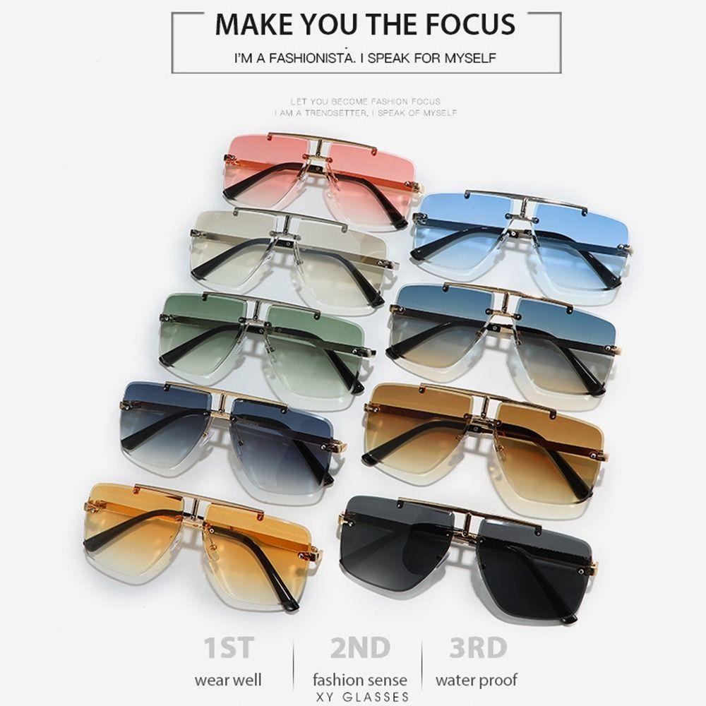 Oversized Double Bridge Frameless Sunglasses Retro Square Frame Men's Shades Outdoor Gradient Lens UV Protection Sun Glasses