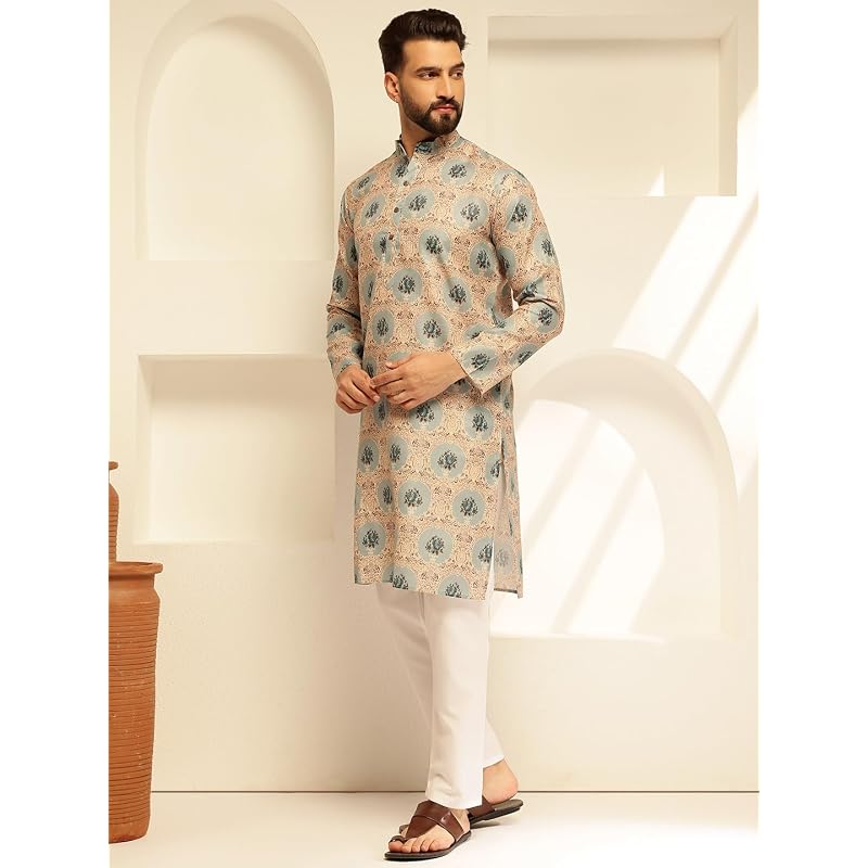 SOJANYA (Seit 1958 Herren Baumwolle Leinen Motiv Blüte Bedruckt Pista Langer Kurta