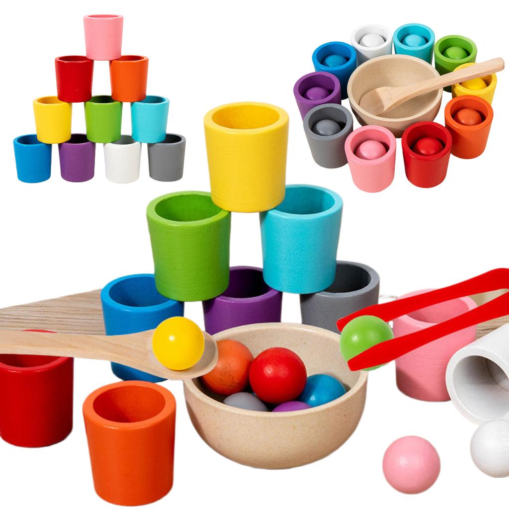 Rainbow Balls In Cups Toddler Montessori Toys Learning Color Sorting and Counting Wooden Cups and Balls Color Match Toy for Kids