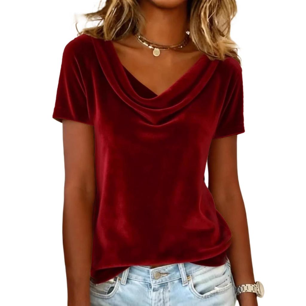 2025 Women's Fashion Solid Color Velvet Swing Collar Short Sleeve T-shirt