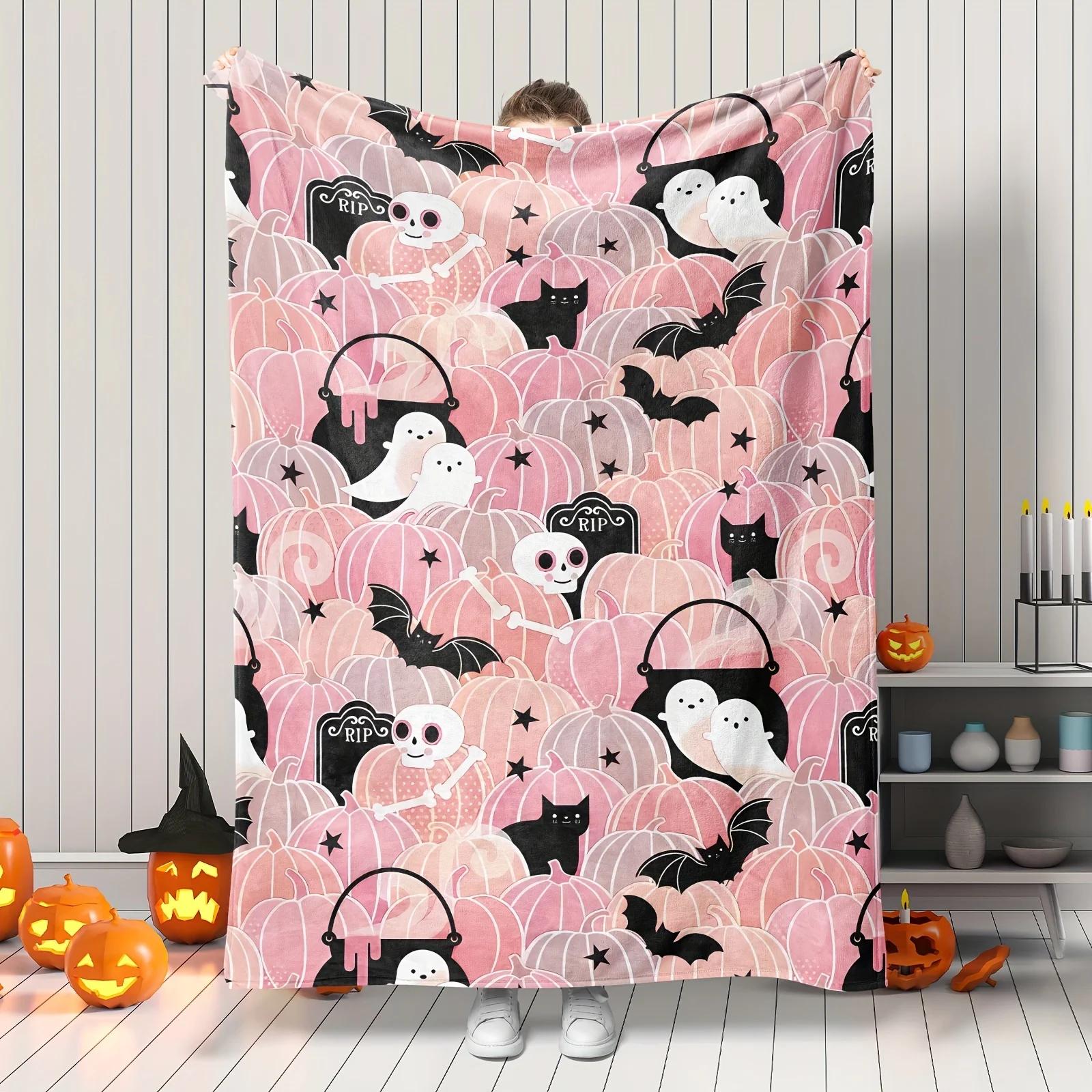 UltraSoft Flannel Halloween Throw Blanket  Adorable Pumpkins Ghosts Cats Bats  Skulls Design  Perfect for Cozy Nights 75X95CM